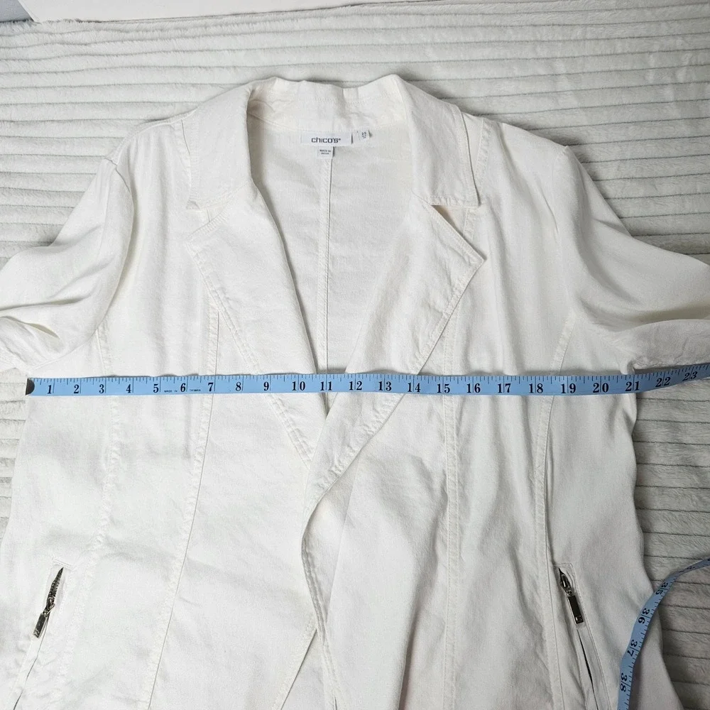 Chico's Linen Roll‎ Sleeve Stretch Blazer 2.5 (14) Ivory Open Front Zip Pocket